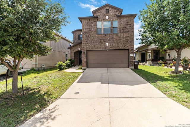 4351 E Safe Hbr, San Antonio, TX 78244 - traditional-style house with brick siding, an attached garage, concrete driveway, and a front yard