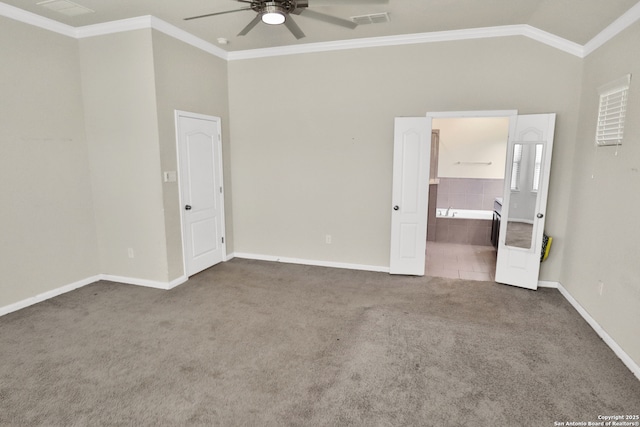 8228 Llano Parke, San Antonio, TX 78254 - unfurnished bedroom featuring carpet, baseboards, vaulted ceiling, crown molding, and ensuite bath