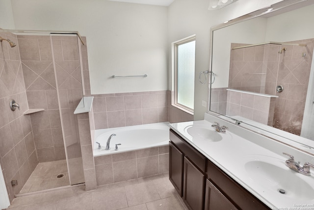 8228 Llano Parke, San Antonio, TX 78254 - bathroom with a tile shower, a bath, tile patterned floors, and double vanity