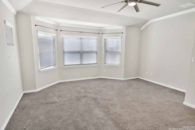 8228 Llano Parke, San Antonio, TX 78254 - spare room featuring a ceiling fan, carpet floors, crown molding, and baseboards