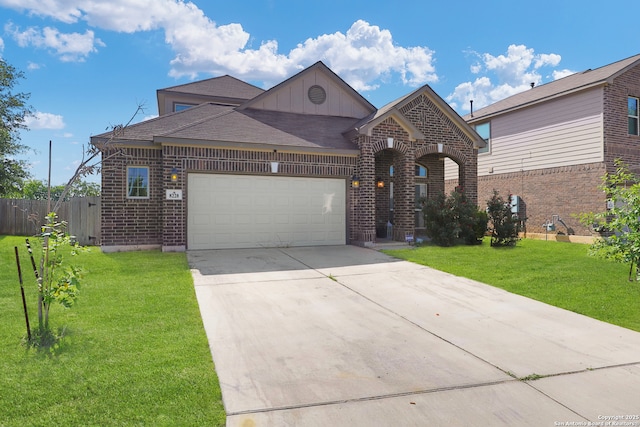8228 Llano Parke, San Antonio, TX 78254 - view of front of property with brick siding, an attached garage, board and batten siding, concrete driveway, and roof with shingles