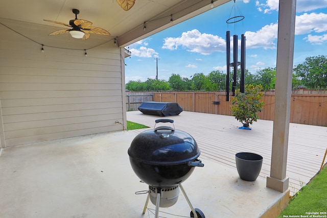 8228 Llano Parke, San Antonio, TX 78254 - view of patio / terrace featuring a ceiling fan, a fenced backyard, a grill, and a deck