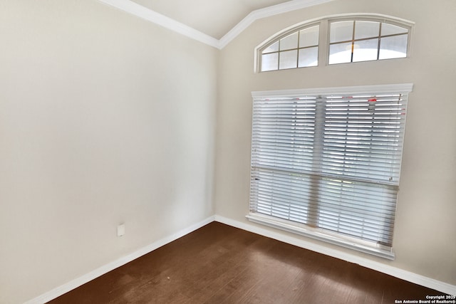 8228 Llano Parke, San Antonio, TX 78254 - unfurnished room featuring ornamental molding, lofted ceiling, baseboards, and dark wood-style flooring