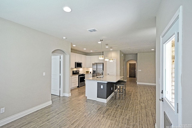 565 Rosemellow, New Braunfels, TX 78132 - kitchen featuring stainless steel appliances, arched walkways, baseboards, light wood finished floors, and recessed lighting