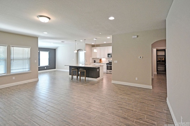 565 Rosemellow, New Braunfels, TX 78132 - living area with arched walkways, baseboards, recessed lighting, wood finished floors, and a textured ceiling