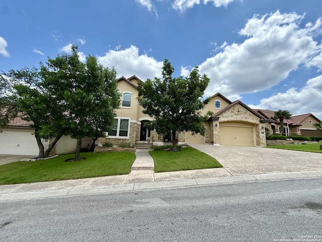 25215 Estancia, San Antonio, TX 78260 - view of property hidden behind natural elements featuring stone siding, a garage, concrete driveway, a front yard, and stucco siding