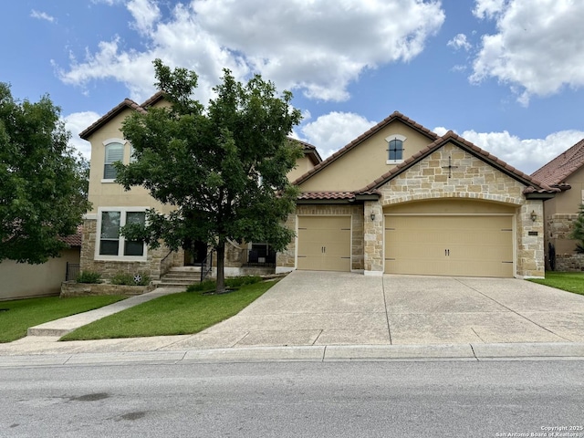 25215 Estancia, San Antonio, TX 78260 - view of front of home featuring stone siding, an attached garage, driveway, a tiled roof, and a front lawn