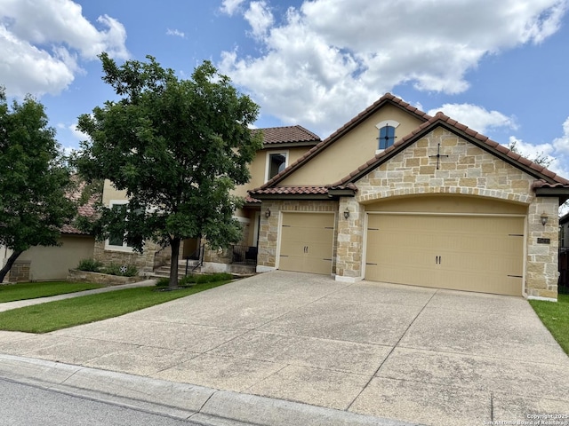 25215 Estancia, San Antonio, TX 78260 - view of front of property with stone siding, an attached garage, driveway, stucco siding, and a tile roof