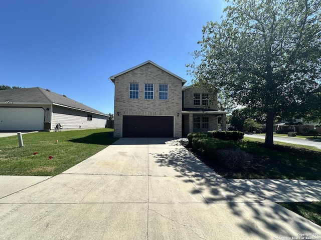 traditional-style home with concrete driveway, a front lawn, a garage, and stone siding