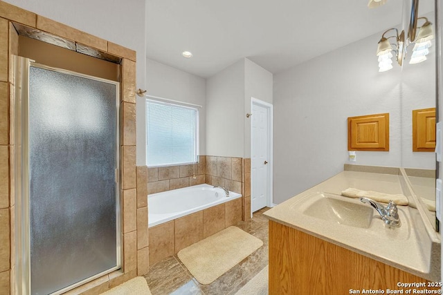 108 Medora Br, Floresville, TX 78114 - full bathroom with a stall shower, a bath, and vanity