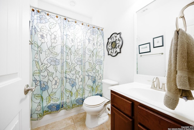 bathroom with toilet, vanity, shower / bathtub combination with curtain, and tile patterned floors