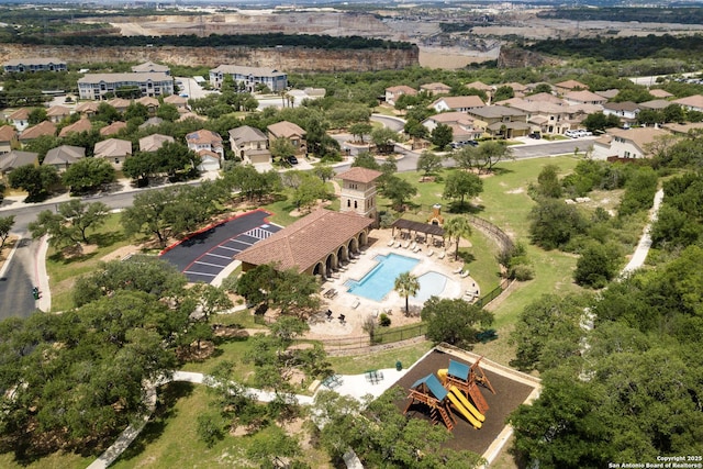 aerial view of a pool area