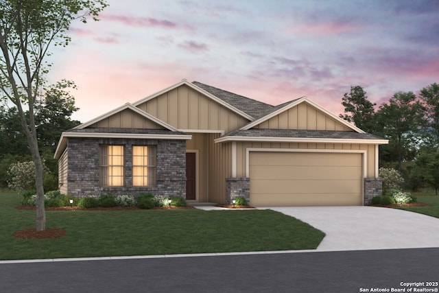 141 Cheyenne Dr, Floresville, TX 78114 - craftsman house with concrete driveway, board and batten siding, an attached garage, and a front yard