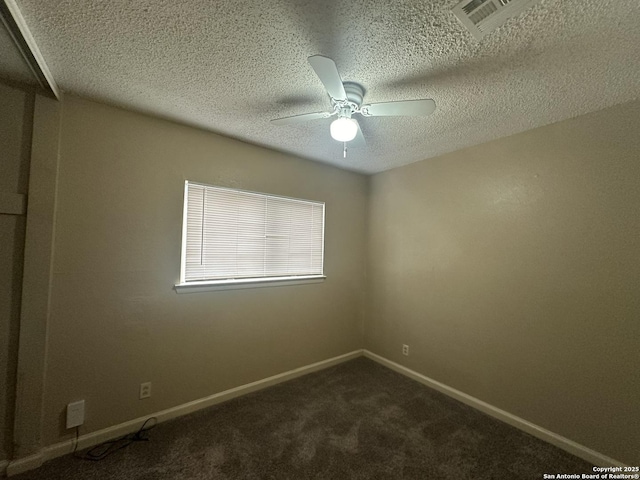 5107 Stockman Dr, San Antonio, TX 78247 - unfurnished room featuring a ceiling fan, a textured ceiling, dark carpet, and baseboards