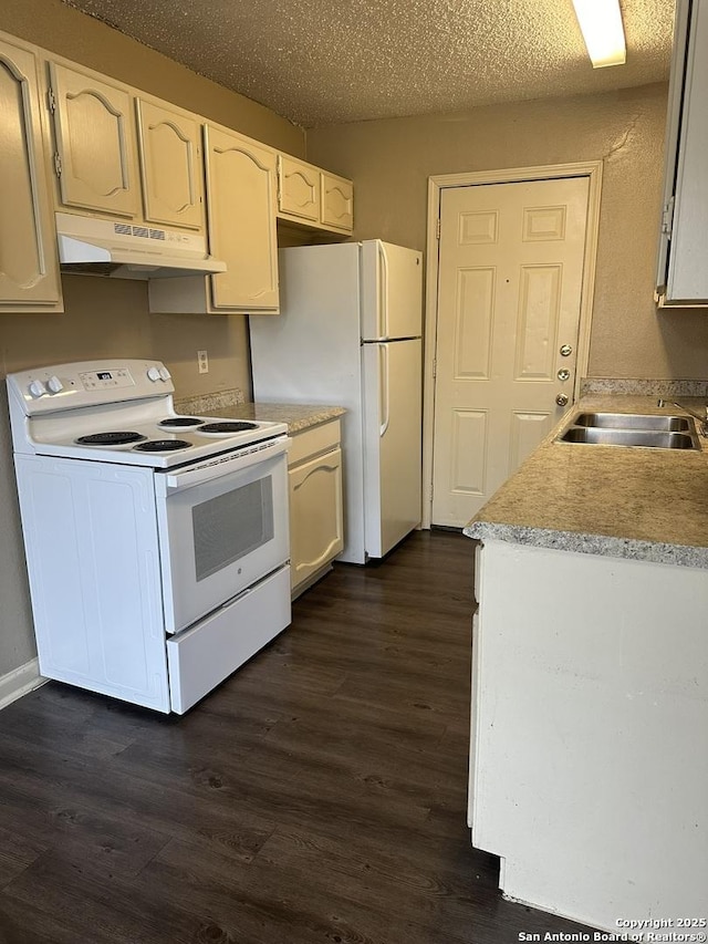 5107 Stockman Dr, San Antonio, TX 78247 - kitchen featuring white appliances, under cabinet range hood, a sink, dark wood-style floors, and light countertops