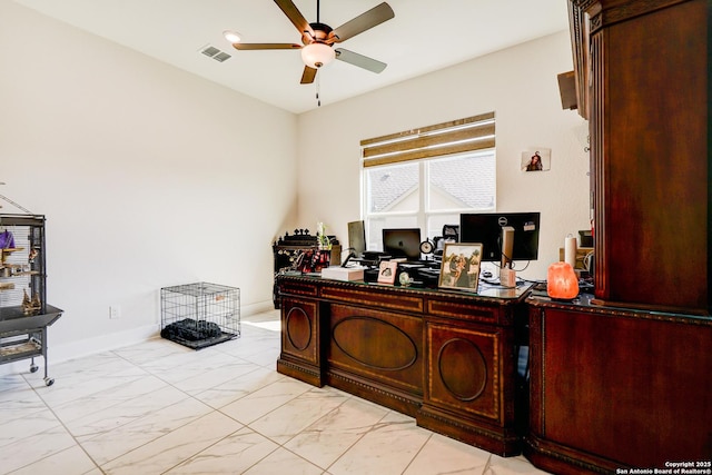 4019 Wood Crk, San Antonio, TX 78257 - office featuring ceiling fan, light marble finish flooring, and baseboards