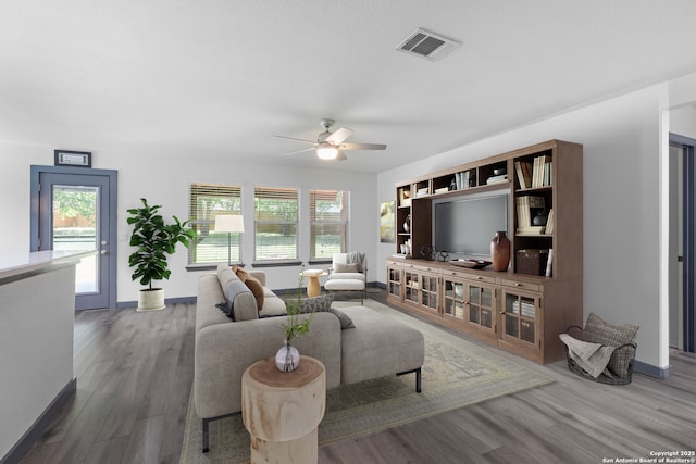 154 Sassafras, Kyle, TX 78640 - living area featuring wood finished floors, ceiling fan, and baseboards