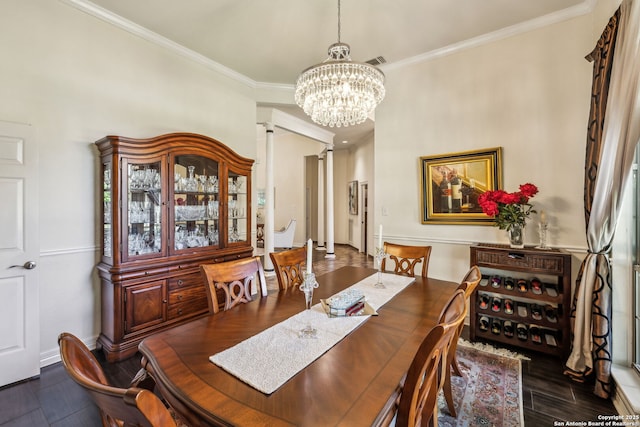 24 Rogers Wood, San Antonio, TX 78248 - dining room with a chandelier, crown molding, wood finished floors, and decorative columns