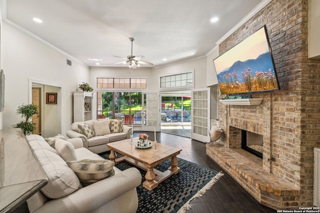 24 Rogers Wood, San Antonio, TX 78248 - living area featuring recessed lighting, a ceiling fan, ornamental molding, a fireplace, and wood finished floors
