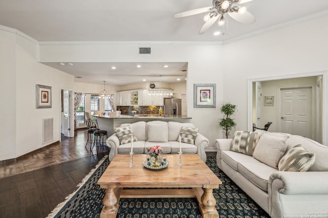 24 Rogers Wood, San Antonio, TX 78248 - living area featuring baseboards, ceiling fan, crown molding, dark wood-style flooring, and recessed lighting