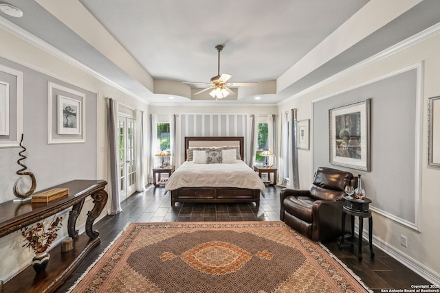 24 Rogers Wood, San Antonio, TX 78248 - bedroom with a tray ceiling, dark wood-type flooring, access to exterior, a ceiling fan, and baseboards