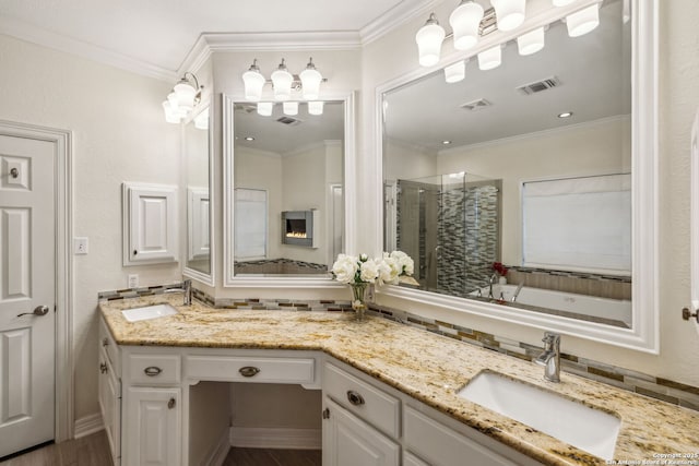 24 Rogers Wood, San Antonio, TX 78248 - full bathroom with a stall shower, double vanity, ornamental molding, wood finished floors, and a bath