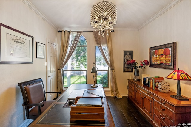 24 Rogers Wood, San Antonio, TX 78248 - office featuring a chandelier, crown molding, dark wood-style floors, and baseboards
