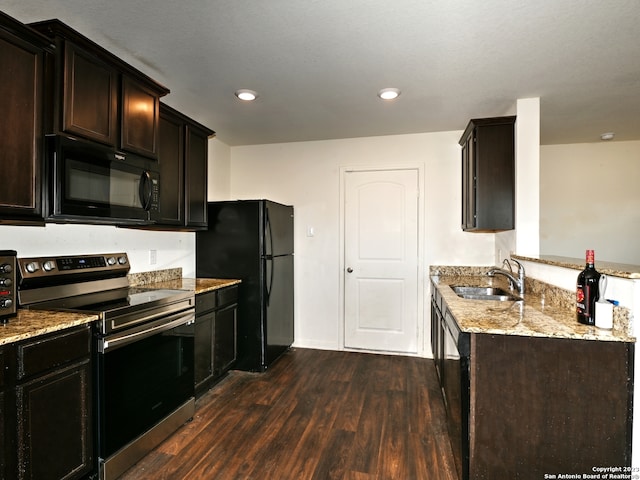 11719 Claudette St, San Antonio, TX 78252 - kitchen with black appliances, a sink, dark wood-type flooring, light stone counters, and dark brown cabinets