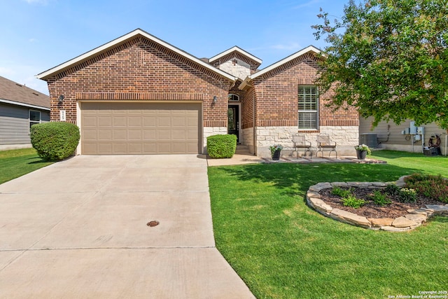 929 Cypress Ml, New Braunfels, TX 78130 - view of front of property featuring stone siding, brick siding, driveway, central air condition unit, and an attached garage