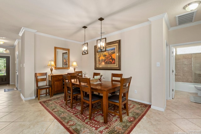929 Cypress Ml, New Braunfels, TX 78130 - dining room featuring light tile patterned flooring, crown molding, a chandelier, and baseboards