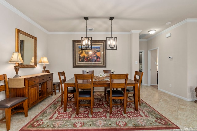 929 Cypress Ml, New Braunfels, TX 78130 - dining area featuring a chandelier, ornamental molding, light tile patterned flooring, and baseboards