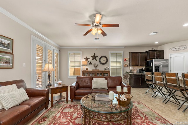 929 Cypress Ml, New Braunfels, TX 78130 - living room featuring a ceiling fan, ornamental molding, and recessed lighting
