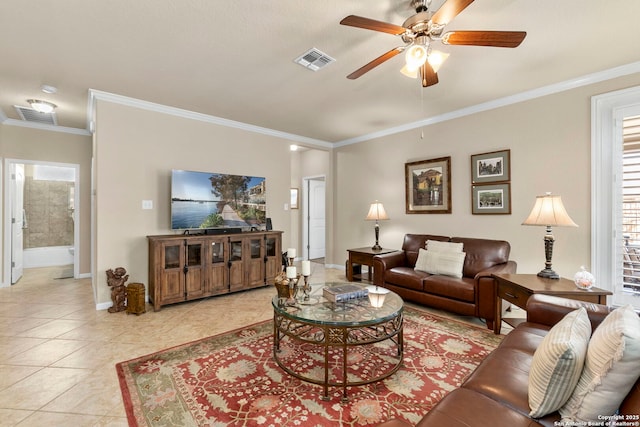 929 Cypress Ml, New Braunfels, TX 78130 - living room with ceiling fan, ornamental molding, baseboards, and light tile patterned flooring