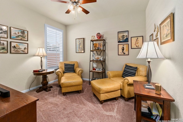 929 Cypress Ml, New Braunfels, TX 78130 - living area featuring carpet floors, ceiling fan, and baseboards