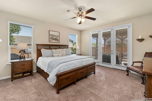 929 Cypress Ml, New Braunfels, TX 78130 - bedroom with access to outside, light colored carpet, multiple windows, and a ceiling fan