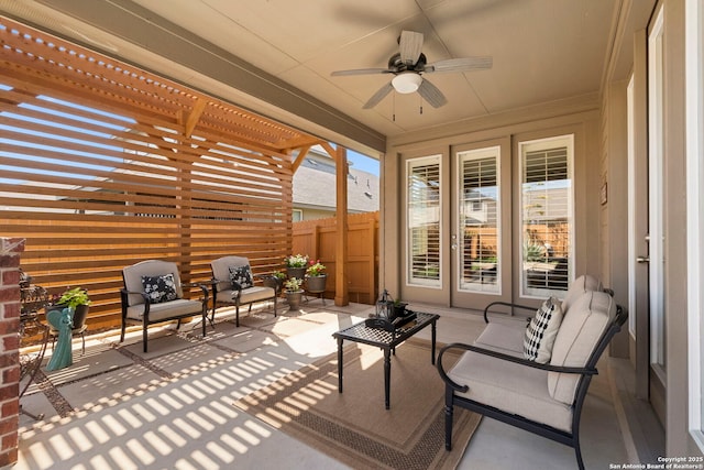 929 Cypress Ml, New Braunfels, TX 78130 - view of patio / terrace with a ceiling fan, fence, a pergola, and an outdoor living space