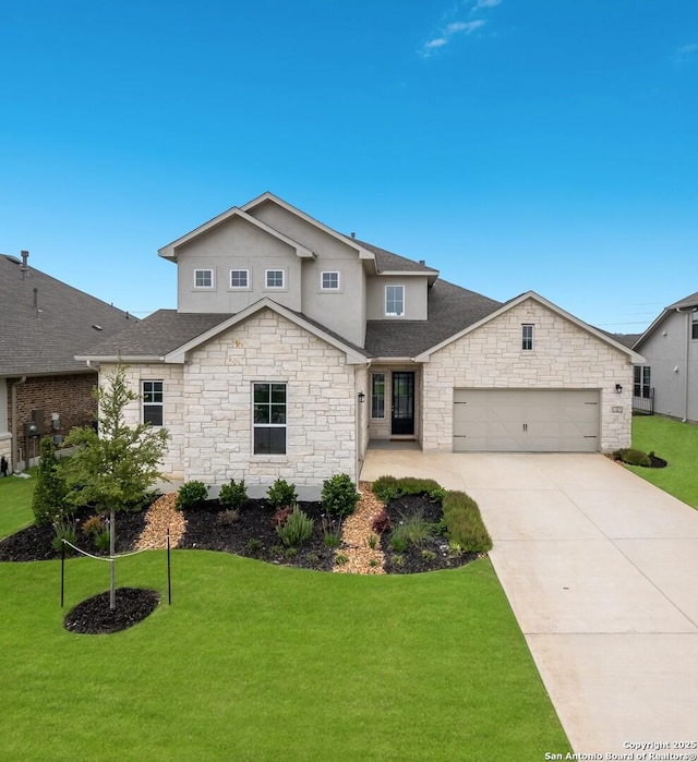107 Crossfire, Boerne, TX 78006 - view of front of property with stone siding, an attached garage, a front yard, concrete driveway, and a shingled roof