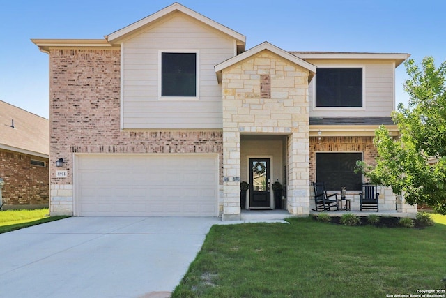 8911 Rancher Pl, Seguin, TX 78155 - view of front of home featuring a garage, a front lawn, concrete driveway, brick siding, and stone siding