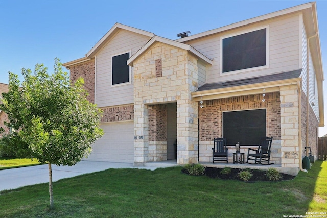 8911 Rancher Pl, Seguin, TX 78155 - view of front of home with a garage, brick siding, a front lawn, and covered porch