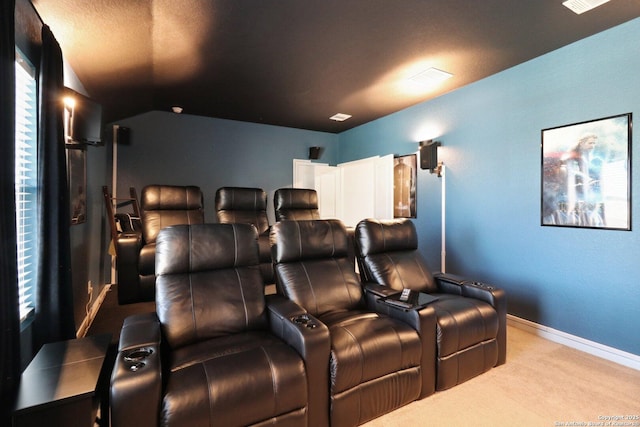 8911 Rancher Pl, Seguin, TX 78155 - home theater room with carpet floors, baseboards, and lofted ceiling