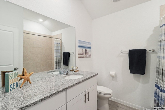 8911 Rancher Pl, Seguin, TX 78155 - bathroom with vaulted ceiling, toilet, vanity, baseboards, and wood finished floors