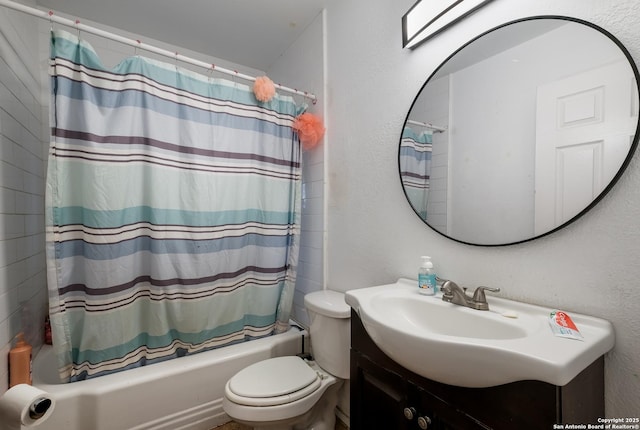 2902 Christian Dr, San Antonio, TX 78222 - full bathroom with shower / tub combo with curtain, vanity, toilet, and a textured wall