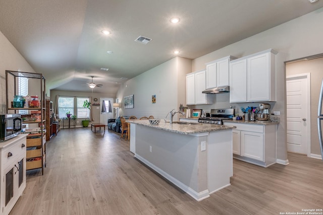 13627 Crossbow, San Antonio, TX 78253 - kitchen featuring stainless steel appliances, a sink, a ceiling fan, under cabinet range hood, and light wood-style floors