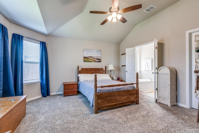13627 Crossbow, San Antonio, TX 78253 - carpeted bedroom with lofted ceiling, baseboards, ensuite bathroom, and a ceiling fan