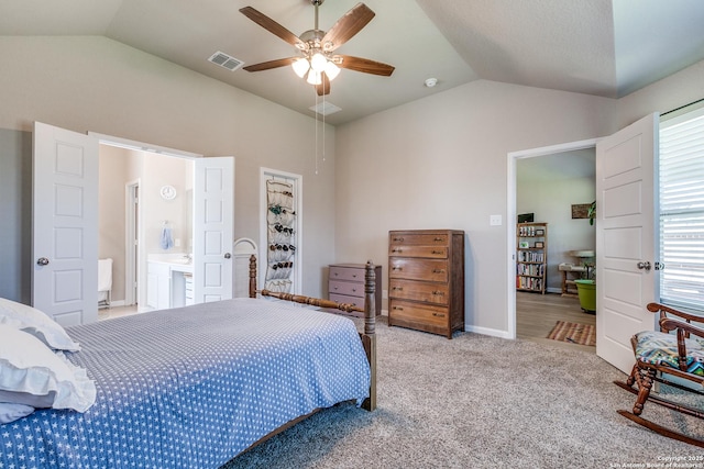 13627 Crossbow, San Antonio, TX 78253 - bedroom featuring vaulted ceiling, carpet floors, a ceiling fan, ensuite bathroom, and baseboards