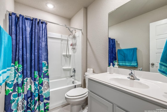 13627 Crossbow, San Antonio, TX 78253 - full bath featuring a textured wall, toilet, vanity, shower / bath combo with shower curtain, and a textured ceiling