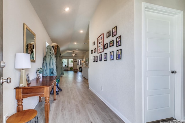 13627 Crossbow, San Antonio, TX 78253 - hall featuring lofted ceiling, light wood-style flooring, baseboards, and recessed lighting