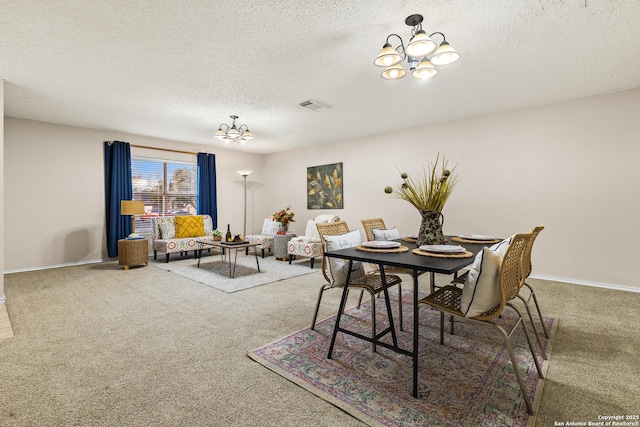 9206 Dancove Dr, San Antonio, TX 78250 - carpeted dining area featuring a chandelier, a textured ceiling, and baseboards