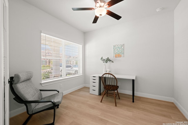 office space featuring light wood-type flooring, a ceiling fan, and baseboards