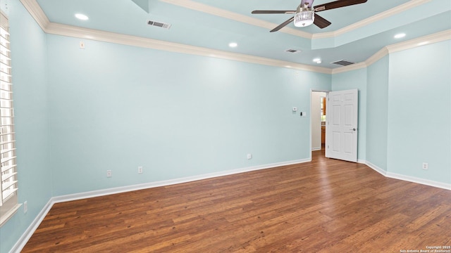 24935 Pecan Crk, San Antonio, TX 78255 - unfurnished room with a tray ceiling, a ceiling fan, wood finished floors, crown molding, and recessed lighting